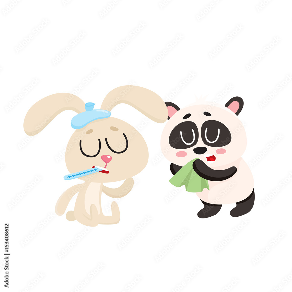 Sick baby rabbit and panda bear having cold, flu, runny nose, cartoon vector illustration isolated on white background. Sick little rabbit with ice pack, panda blowing nose with handkerchief Sick baby rabbit and panda bear having cold, flu, runny nose, cartoon vector illustration isolated on white background. Sick little rabbit with ice pack, panda blowing nose with handkerchief