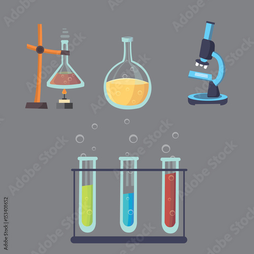 Vector set - chemical test. Flat design chemistry laboratory experiment equipment