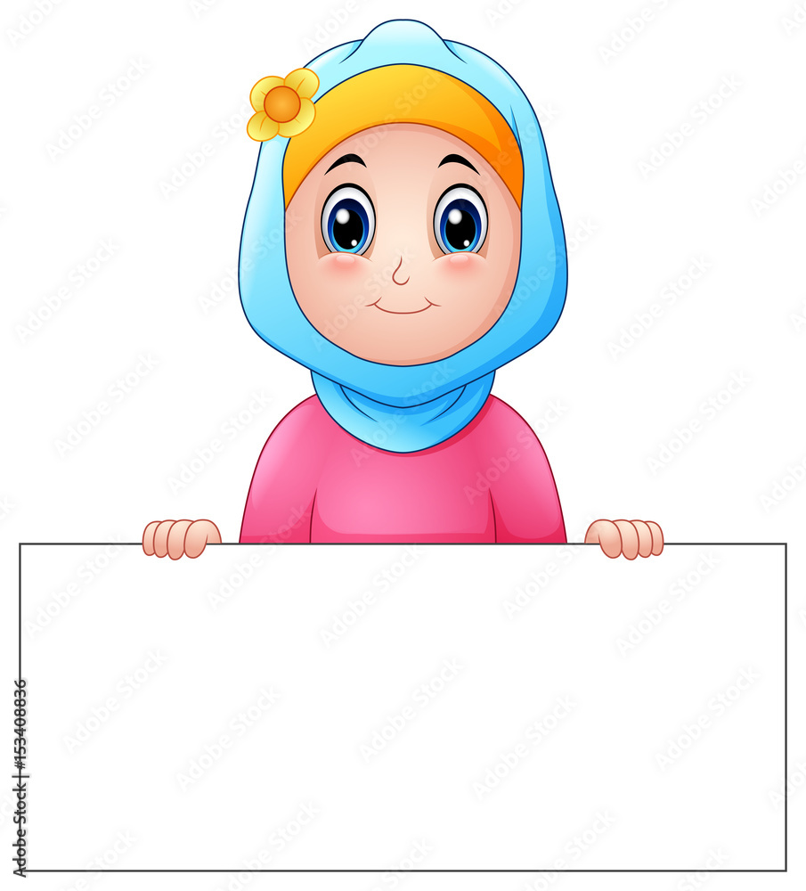 Happy muslim girl wearing blue veil holding blank sign Happy muslim girl wearing blue veil holding blank sign