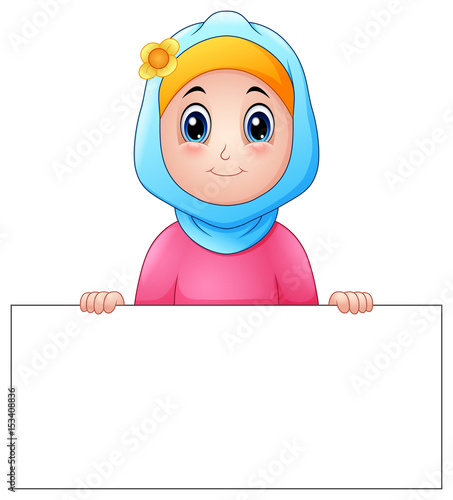 Happy muslim girl wearing blue veil holding blank sign