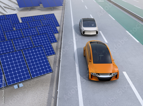 Electric cars driving on the highway. Solar panel station on the roadside. 3D rendering image.