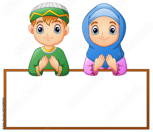 Muslim couple kid praying with blank sign