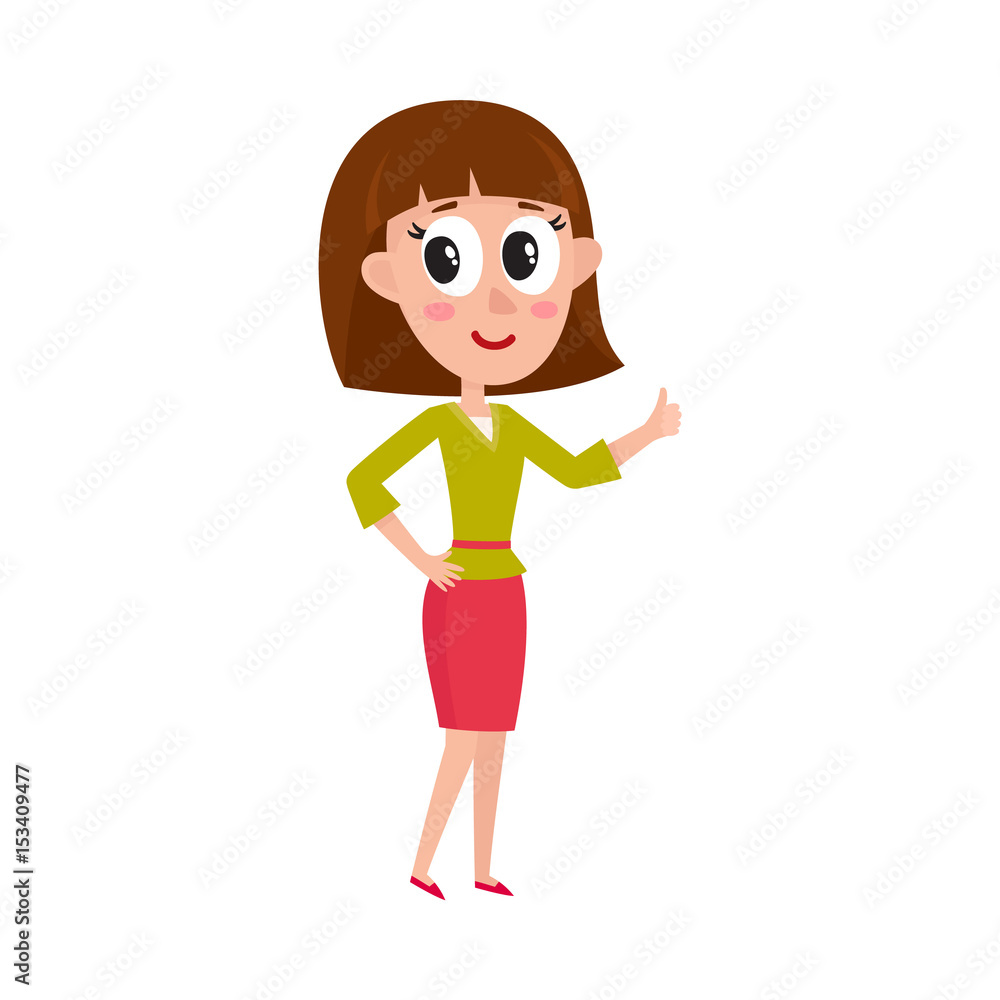 Cute and funny comic style pretty girl with brown shoulder length hair  showing thumb up, cartoon vector illustration isolated on white background. Funny  cartoon style woman, girl giving thumb up Stock Vector |