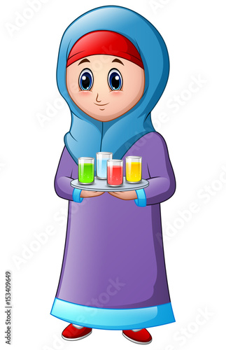 Muslim girl wearing blue veil with holding a platter with some drink on the top 