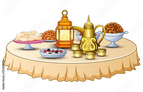 Delicious menu for iftar party are on the table with lantern and gold teapot