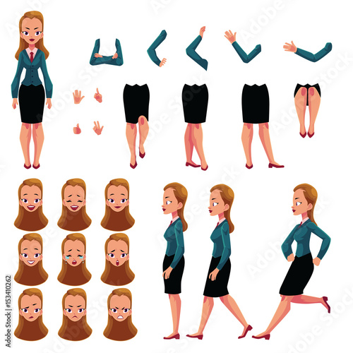 Businesswoman, woman character creation set with different poses, gestures, faces, cartoon vector illustration on white background. Businesswoman creation set, constructor, changeable face, legs, arms