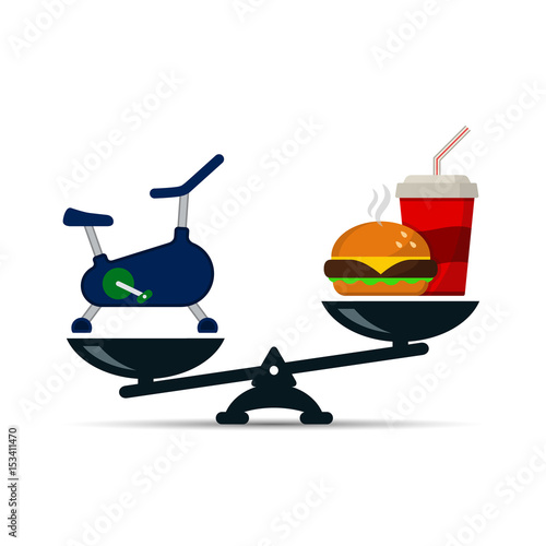 Sportsman on exercise bike and fast food on scales, vector loss weight concept color illustration.