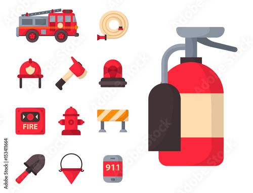 Fire safety equipment emergency tools firefighter safe danger accident protection vector illustration.