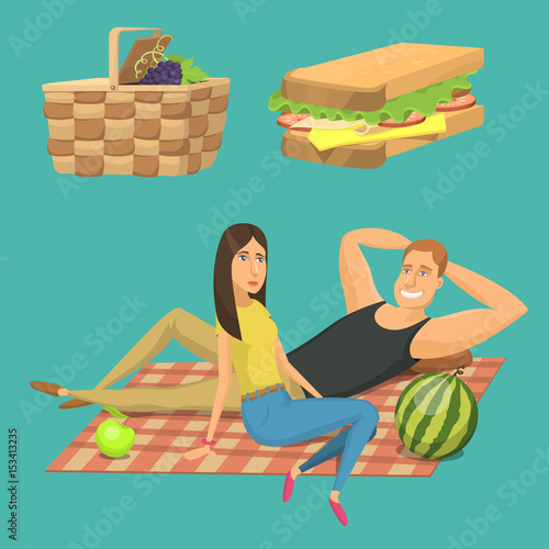 Picnic setting with red wine glasses picnic hamper basket. Barbecue resting couple vector character