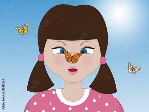 surprised girl with butterfly on the nose