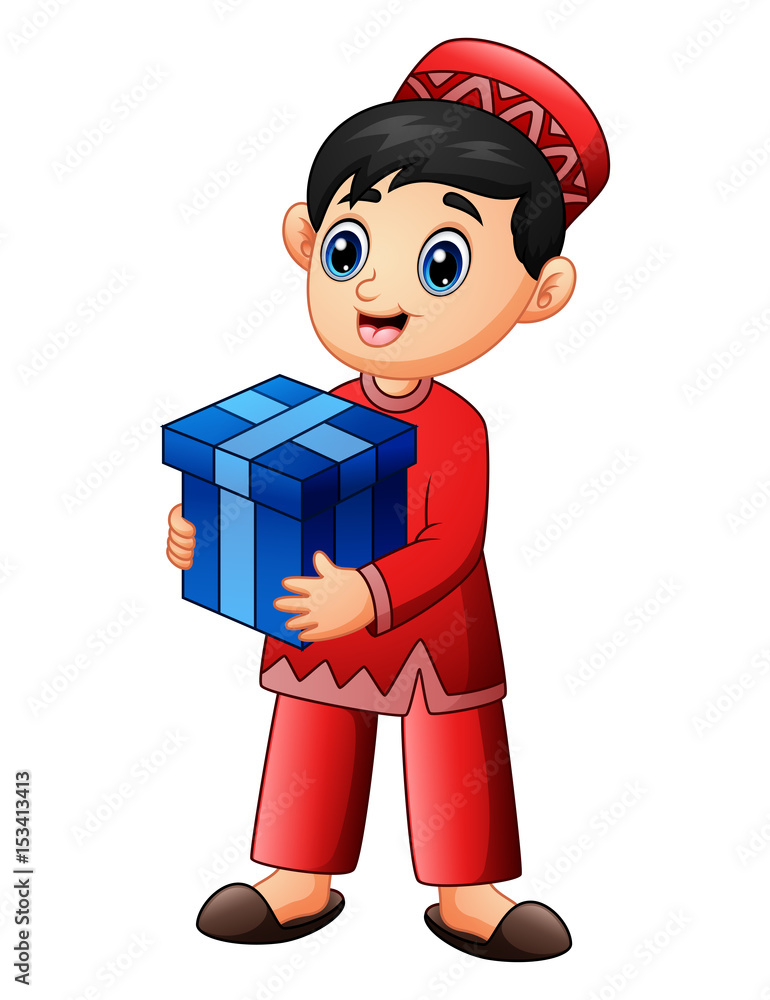 Muslim kid holding red gift box wearing red clothes Muslim kid holding red gift box wearing red clothes