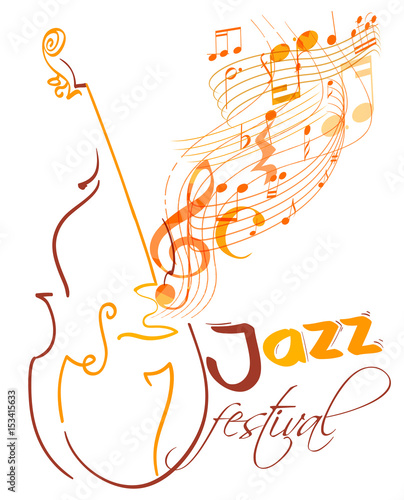 jazz festival design with double bass and flying musical lines, g clef and notes. vector