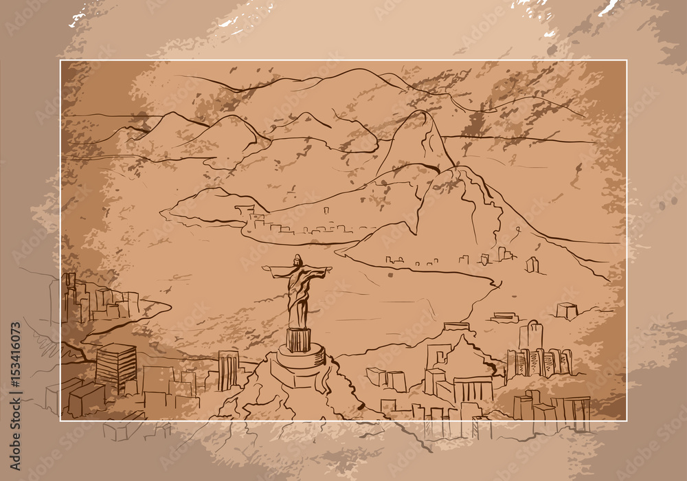 Fototapeta premium Rio de Janeiro, Brazil cityscape with Christ the redeemer, hand drawn doodle silhouette ink style