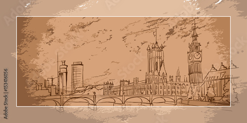 Hand drawn sketch of  Palace of Westminster, London, Great Britain. Hand drawn