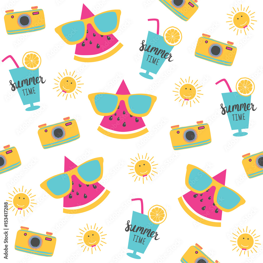 Summer pattern. Watermelon with photo camera. Vector illustration