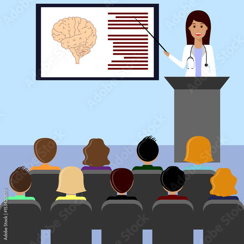 Female doctor giving medical lecture or presentation. Healthcare and medical design concept. 
