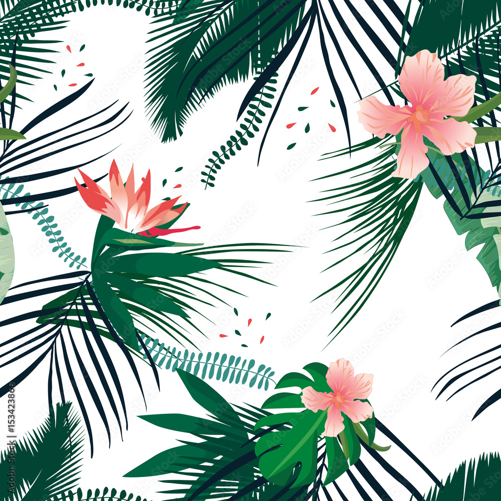 Seamless tropical pattern palm leaves. Summer Jungle floral background.