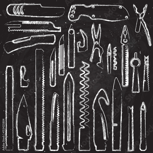 Hand draw set of multifunction knife elements, pocket knife chalk illustration, Swiss knife, multipurpose penknife, army knife collection doodle style on black board