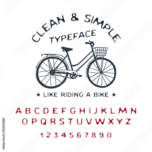Hand drawn Clean & Simple font. Latin alphabet vector letters, numbers, and signs. Vintage bicycle vector illustration.