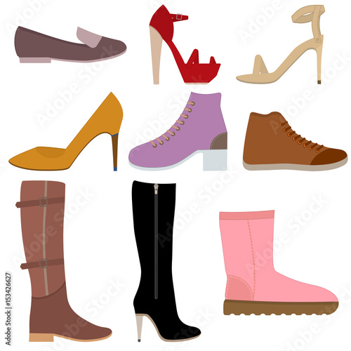 Set with different of women's shoes. Various types female footwear. Set of Isolated flat colored icons. Vector illustration. Shoes, boots, sandals for different seasons. Collection of woman shoes.