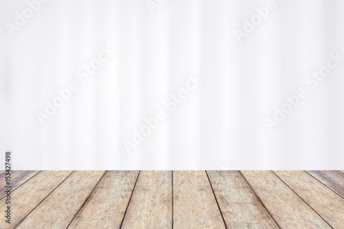 wood table with abstract blur white hospital curtain background