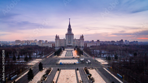 famous Soviet building and alley at sunset