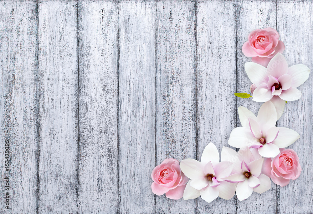 Magnolia with roses on background of shabby wooden planks Magnolia with roses on background of shabby wooden planks