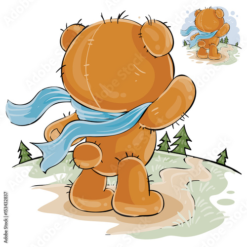 Vector illustration of a brown teddy bear sad standing in the wind, looking at the road and waiting for someone. Print, template, design element