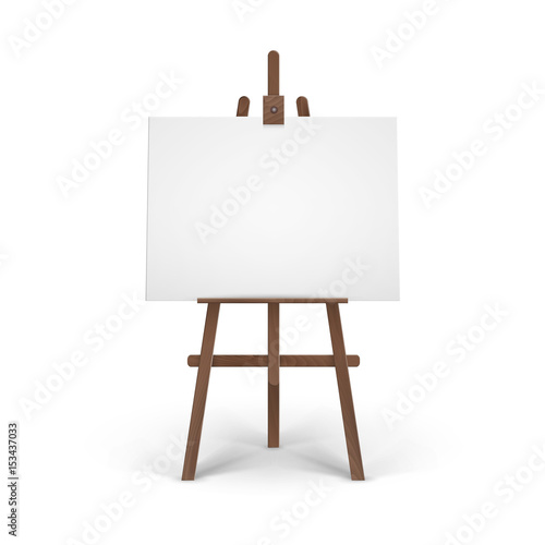 Vector Wooden Brown Easel with Mock Up Empty Blank Horizontal Canvas on Background