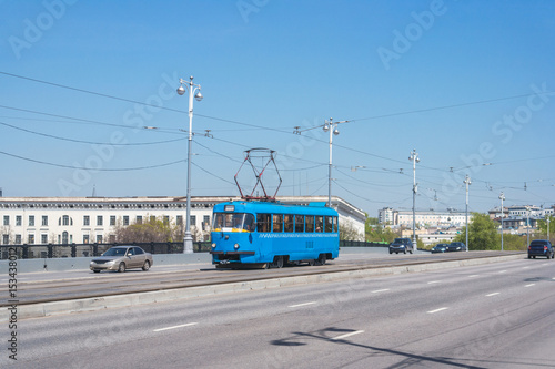 Blue trolley on the bridge in Moscow, Russia
