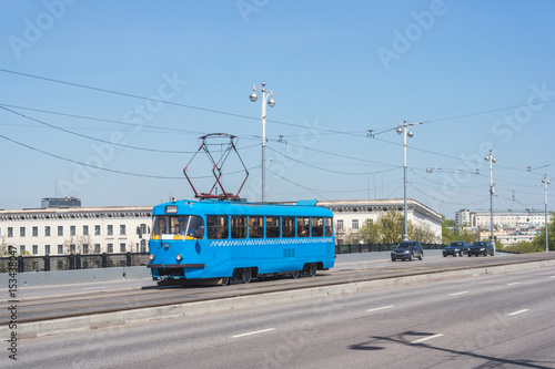 Blue trolley on the bridge in Moscow, Russia
