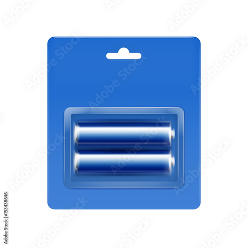 Vector Cyan Blue Glossy Alkaline AA Batteries in Cyan Blue Blister Packed for branding Close up Isolated on White Background