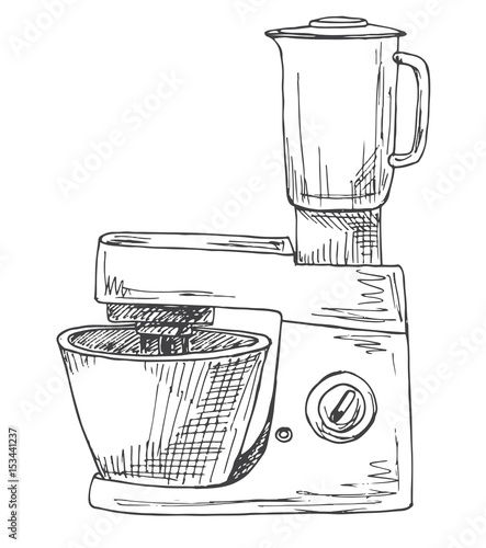 Food processor isolated on a white background. Vector illustration in sketch style