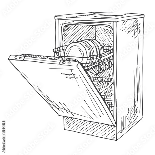 Dishwasher isolated on white background. Vector illustration of a sketch style.