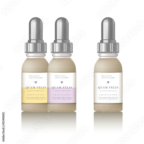 Realistic essential oil beige bottle with design label
