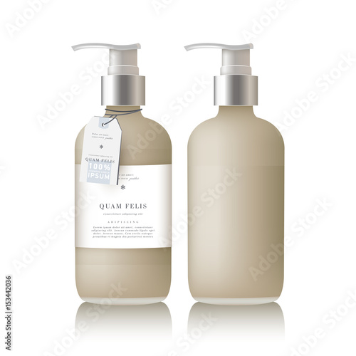 Realistic beige bottle of liquid soap in white background. Cosmetic products