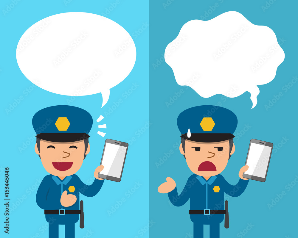 Cartoon policeman with smartphone expressing different emotions with speech bubbles Cartoon policeman with smartphone expressing different emotions with speech bubbles