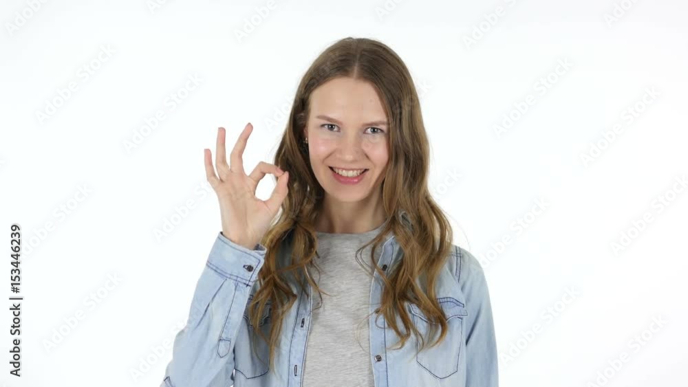 Okay Sign by Beautiful Woman on White Background Okay Sign by Beautiful Woman on White Background