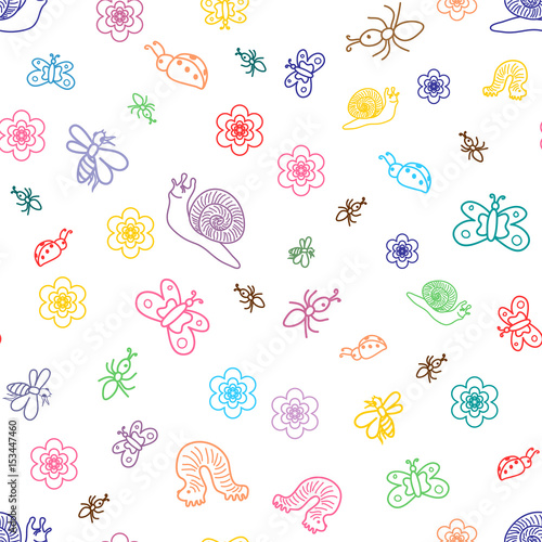 Vector Illustration. Seamless Pattern of Colorful Funny Doodle Insects. Children Drawings of Cute Bugs, Butterflies, Ants and Snails. Sketch Style.
