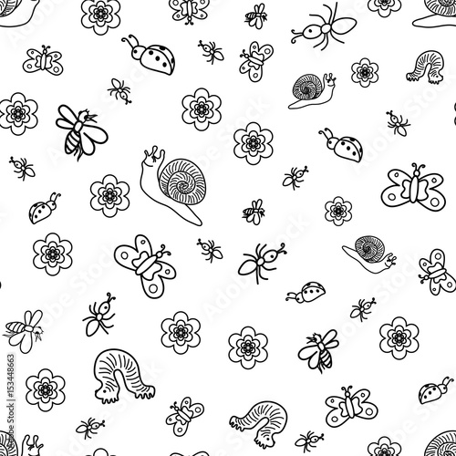 Vector Illustration. Seamless Pattern of Funny Doodle Insects. Children Drawings of Cute Bugs, Butterflies, Ants and Snails. Sketch Style.