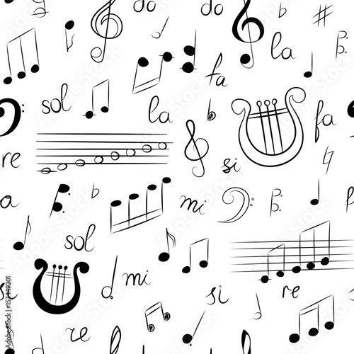 Seamless Pattern of Hand Drawn Set of  Music Symbols. Doodle Treble Clef, Bass Clef, Notes and Lyre. Sketch Style. Vector Illustration.