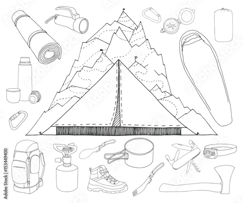 Tourism and camping set. Tent against the background of mountains. Hand drawn vector illustration of a sketch style.