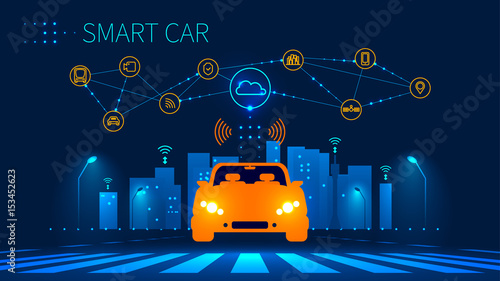 Smart car wireless network connection with smart city. Smart vehicle and automotive technology. Icons of city infrastructure. Taxi Future concept. Vector illustration.