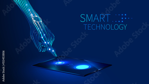 the hand presses the finger on the touch screen on the tablet or smart phone, which is on the table. Smart watch on hand. Future smart technology abstract concept.