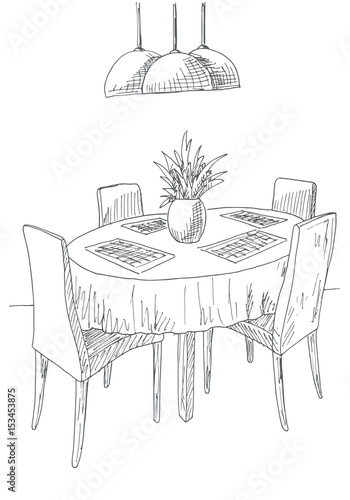Part of the dining room. Round table and chairs.On the table vase of flowers. Hand drawn sketch.Vector illustration.