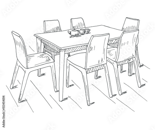 Table and chairs. On the table vase of flowers. Vector illustration. Hand drawn.