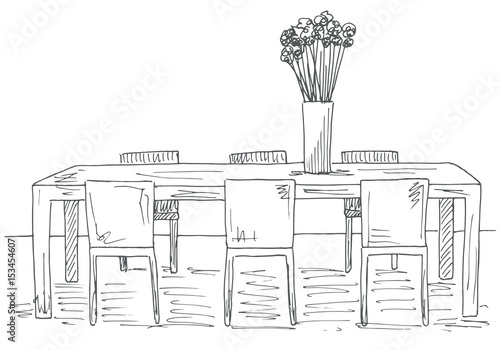 Table and chairs. On the table vase of flowers. Vector illustration. Hand drawn.