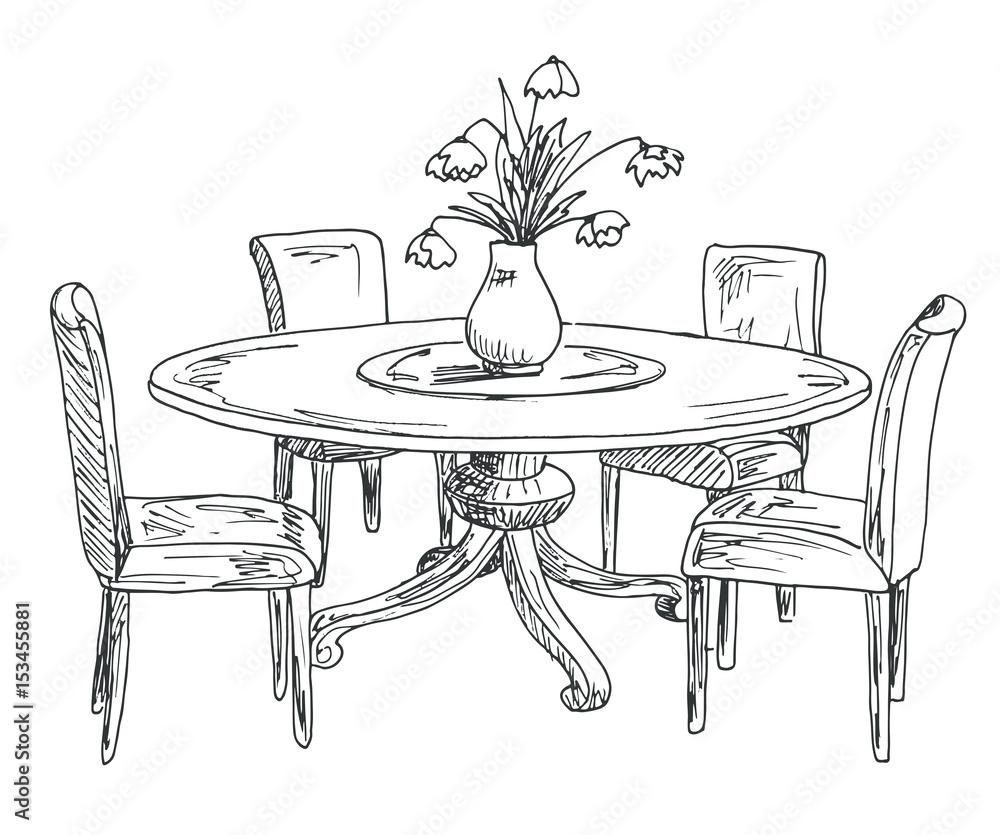 Part of the dining room. Round table and chairs.On the table vase of  flowers. Hand drawn sketch.Vector illustration. Stock Vector | Adobe Stock