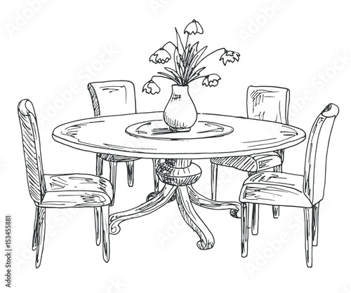 Part of the dining room. Round table and chairs.On the table vase of flowers. Hand drawn sketch.Vector illustration.