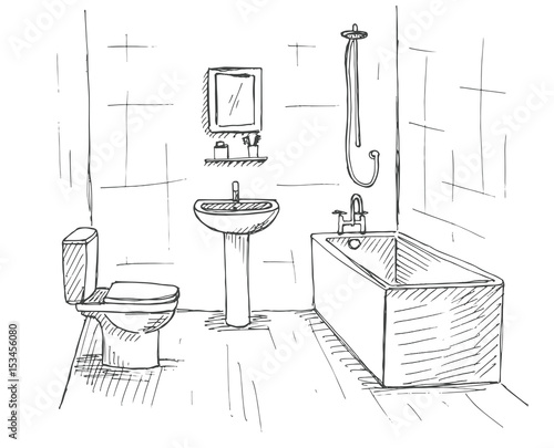 Hand drawn sketch. Linear sketch of an interior. Part of the bathroom. Vector illustration
